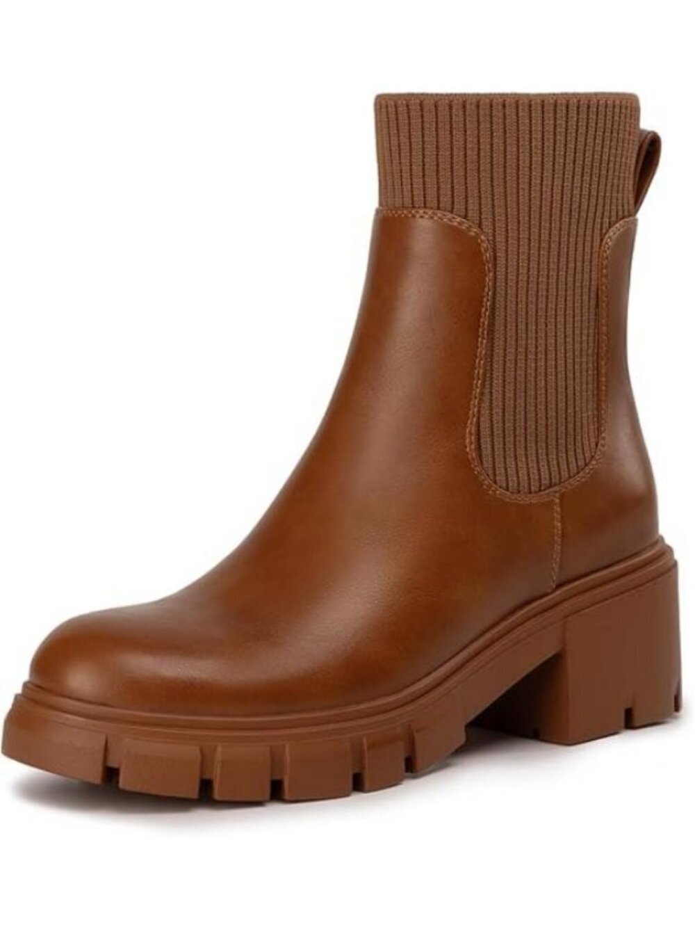Women's Chelsea Boots Fashion Slip on Platform Ankle Boots Lug Sole Tan Brown